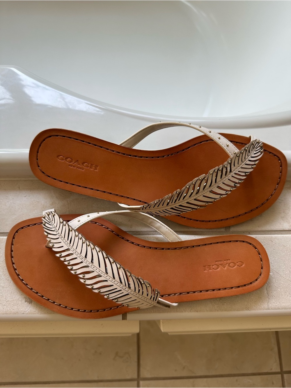 Coach Women's Metallic Feather Flip Flop Sandals - Silver & Brown